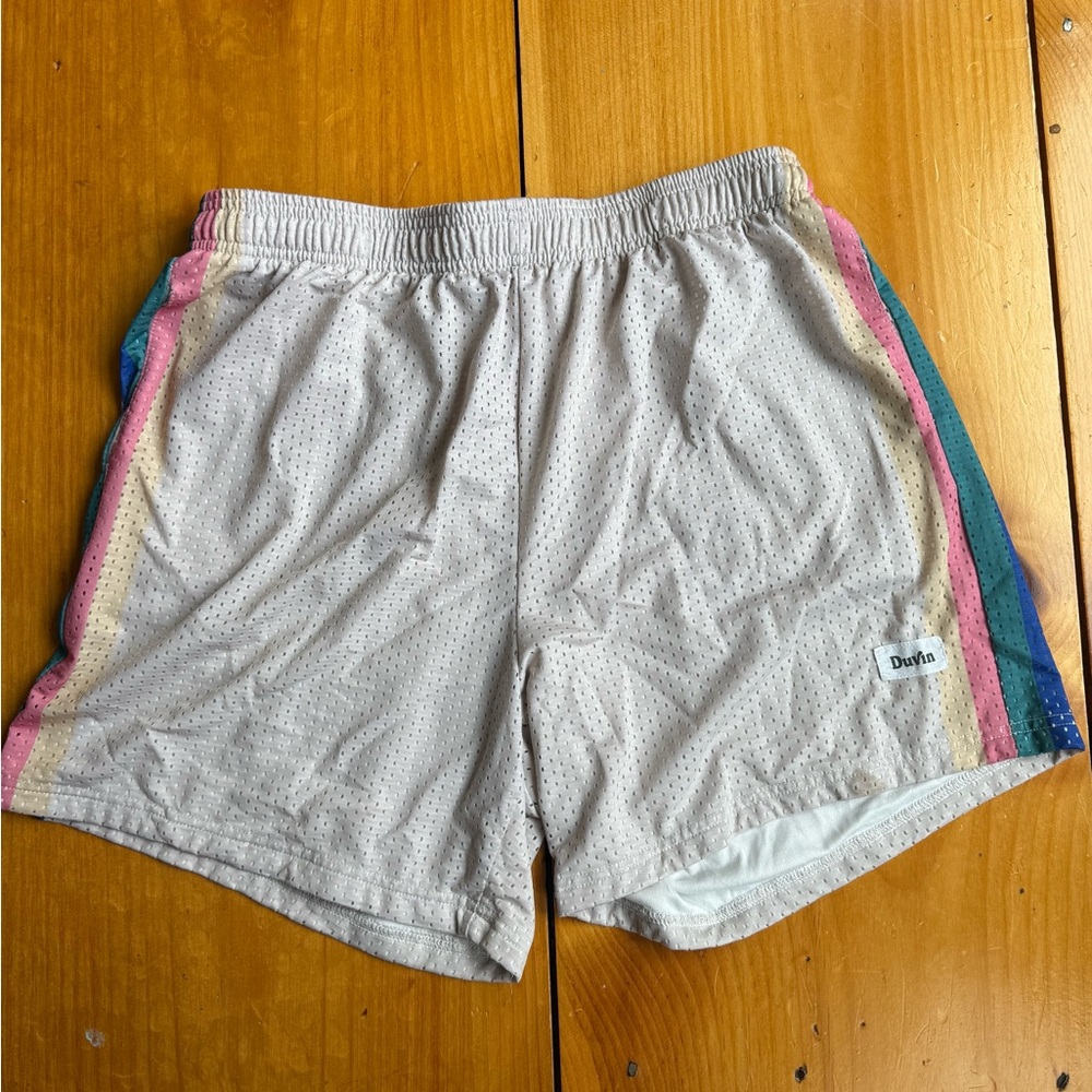 Duvin Men's Gray Athletic Shorts with Multicolor Stripes L